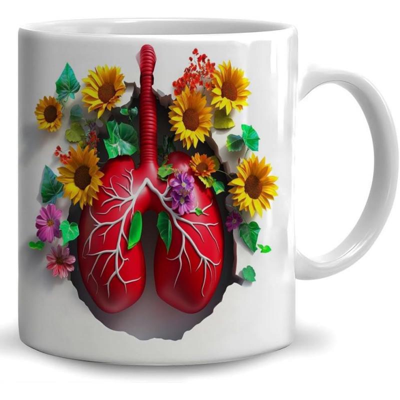Tailorly White Ceramic 11 oz Mug - Vibrant Red Anatomical Organs Blossoming With Sunflowers And Green Leaves Lungs