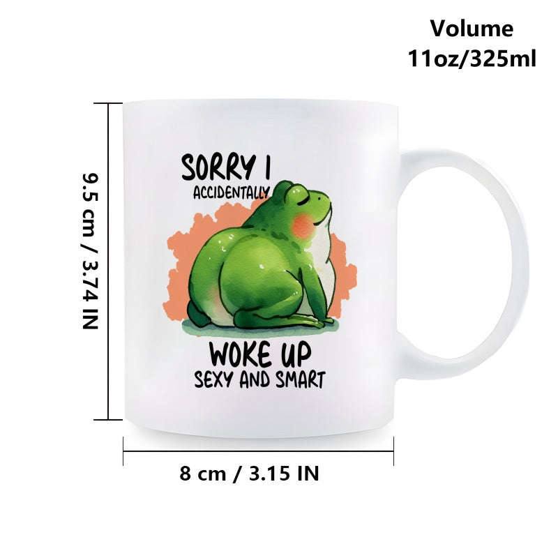 Tailorly White Ceramic 11 oz Mug - Sorry I Accidentally Woke Up Sexy And Smart Charming Green Cartoon Frog Sitting Peacefully Against An Orange Splash Background