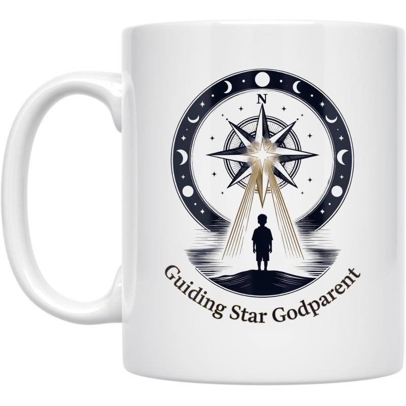 Tailorly White Ceramic 11 oz Mug - Guiding Star Godparent Radiant Celestial Star With Moon Phases Shining Over Child Compass