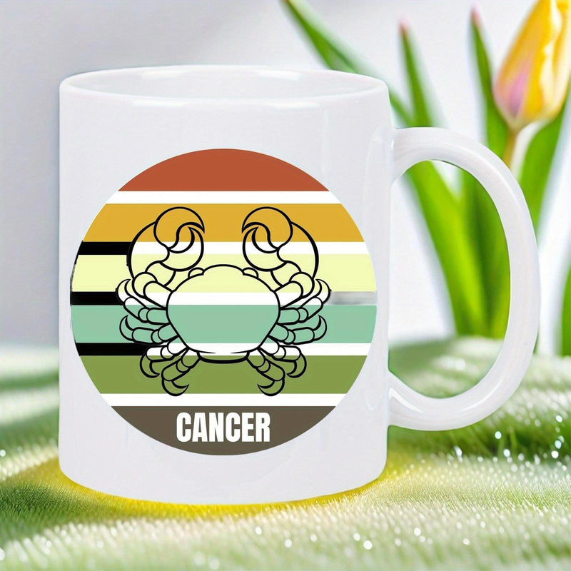 Tailorly White Ceramic 11 oz Mug - Cancer Retro Vintage Striped Sunset Background With A Detailed Line Art Shellfish Crab