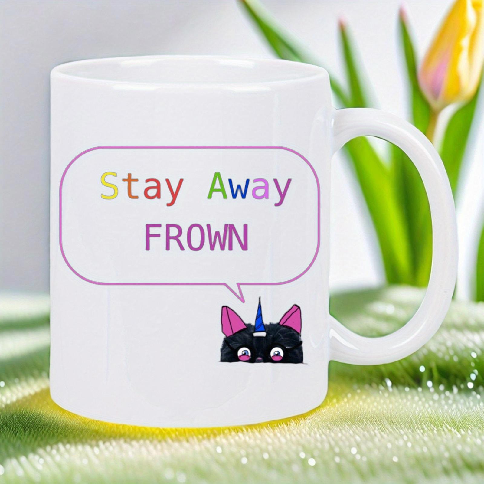 Tailorly White Ceramic 11 oz Mug - Stay Away Frown Black Peeking Character With Blue Unicorn Horn And Purple Speech Bubble Cat