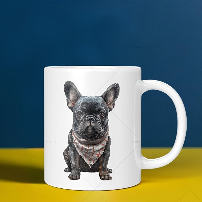 Tailorly White Ceramic 11 oz Mug - Realistic Hand Painted Style Sitting Pet Dog Wearing Decorative Neck Scarf Bulldog