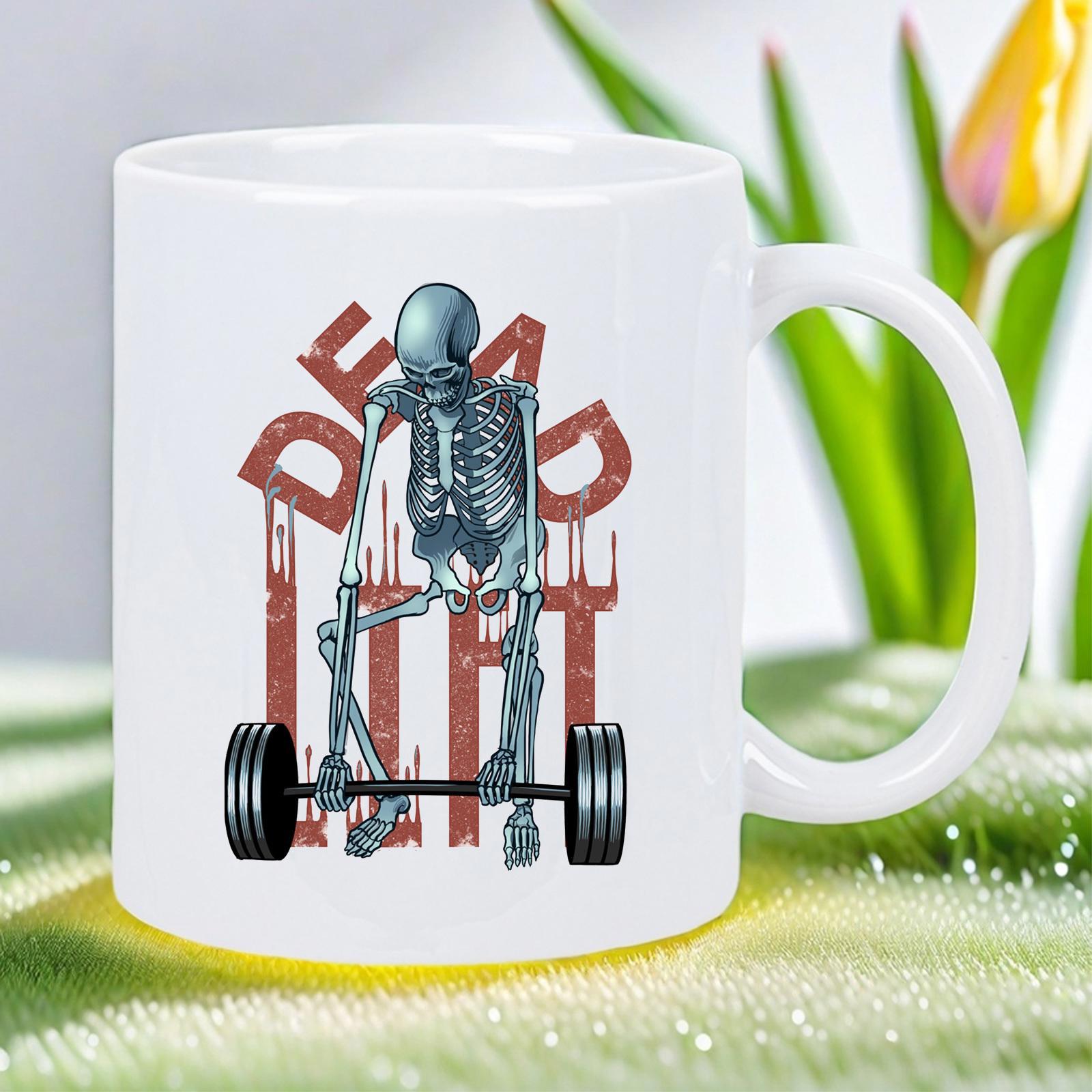 Tailorly White Ceramic 11 oz Mug - Dead Lift Distressed Background With A Barbell Being Lifted By An Athletic Skeleton