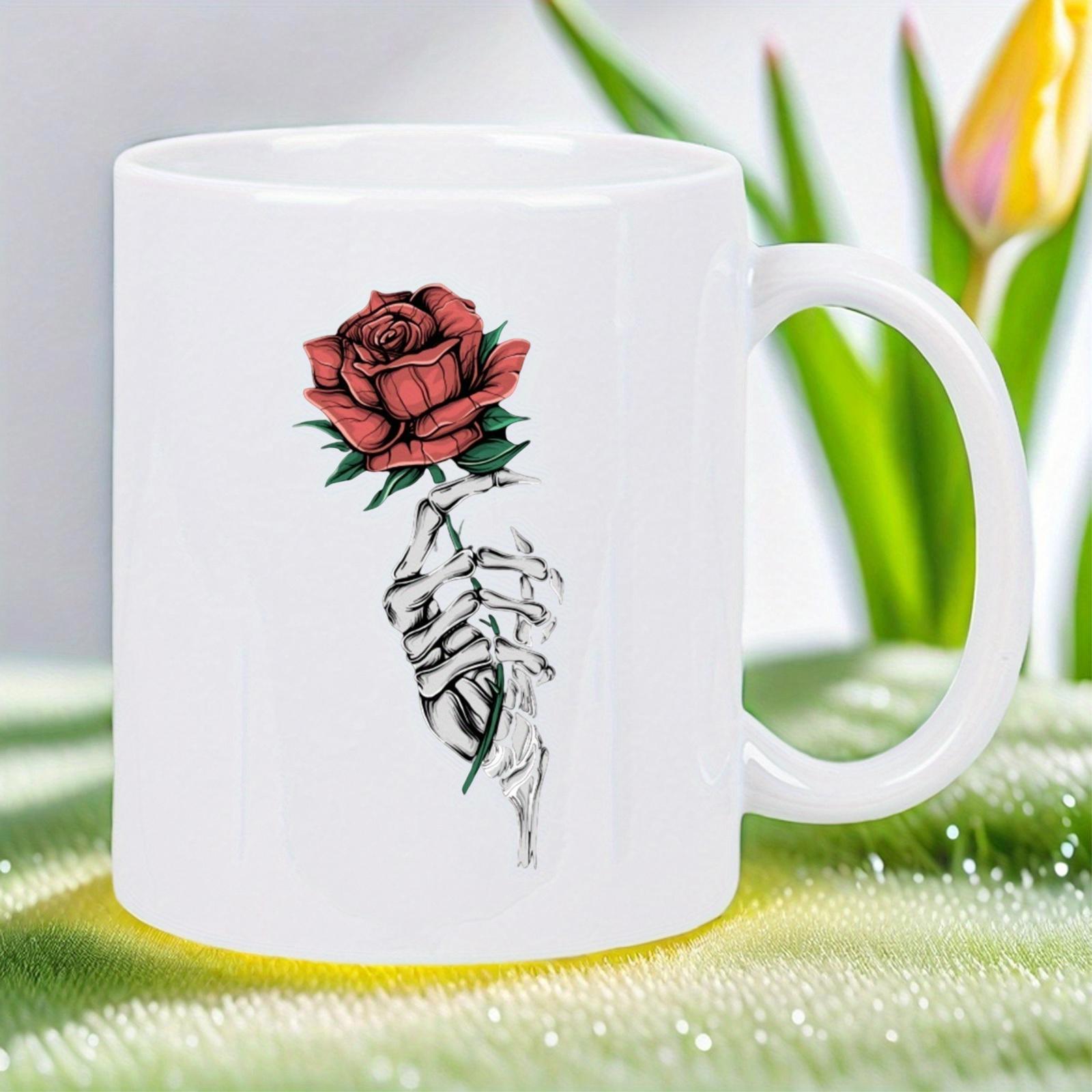 Tailorly White Ceramic 11 oz Mug - Elegant Skeletal Hand Holding A Beautiful Blooming Red Rose