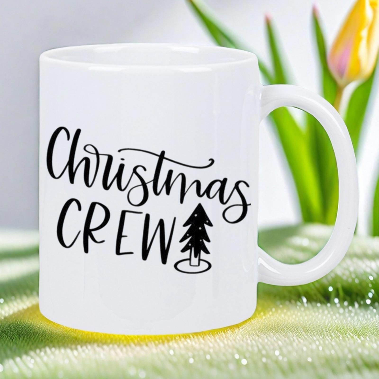 Tailorly White Ceramic 11 oz Mug - Christmas Crew Minimalist Black Pine Tree Standing Beside Elegant Handwritten Script Tree