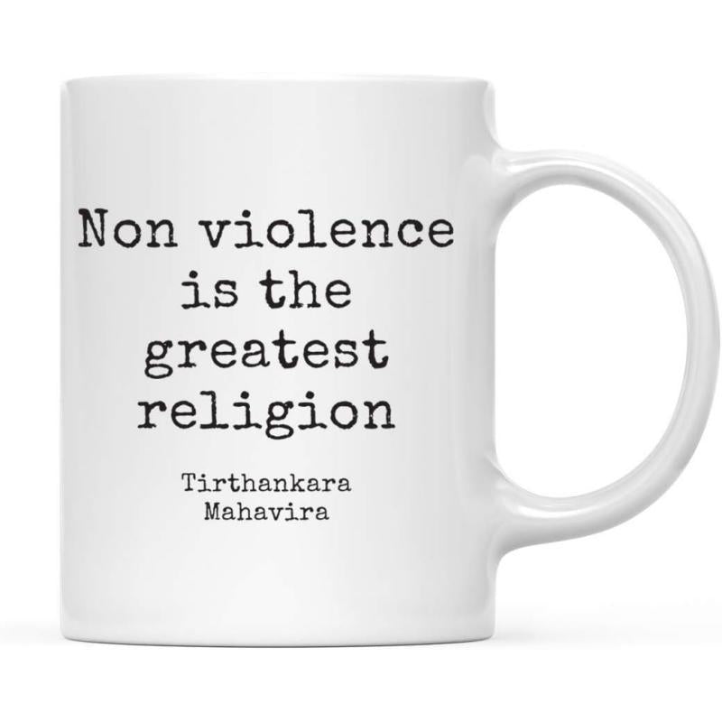 Tailorly White Ceramic 11 oz Mug - Non Violence Is The Greatest Religion Tirthankara Mahavira Minimalist Vintage Typewriter Style Lettering Displayed On Clean