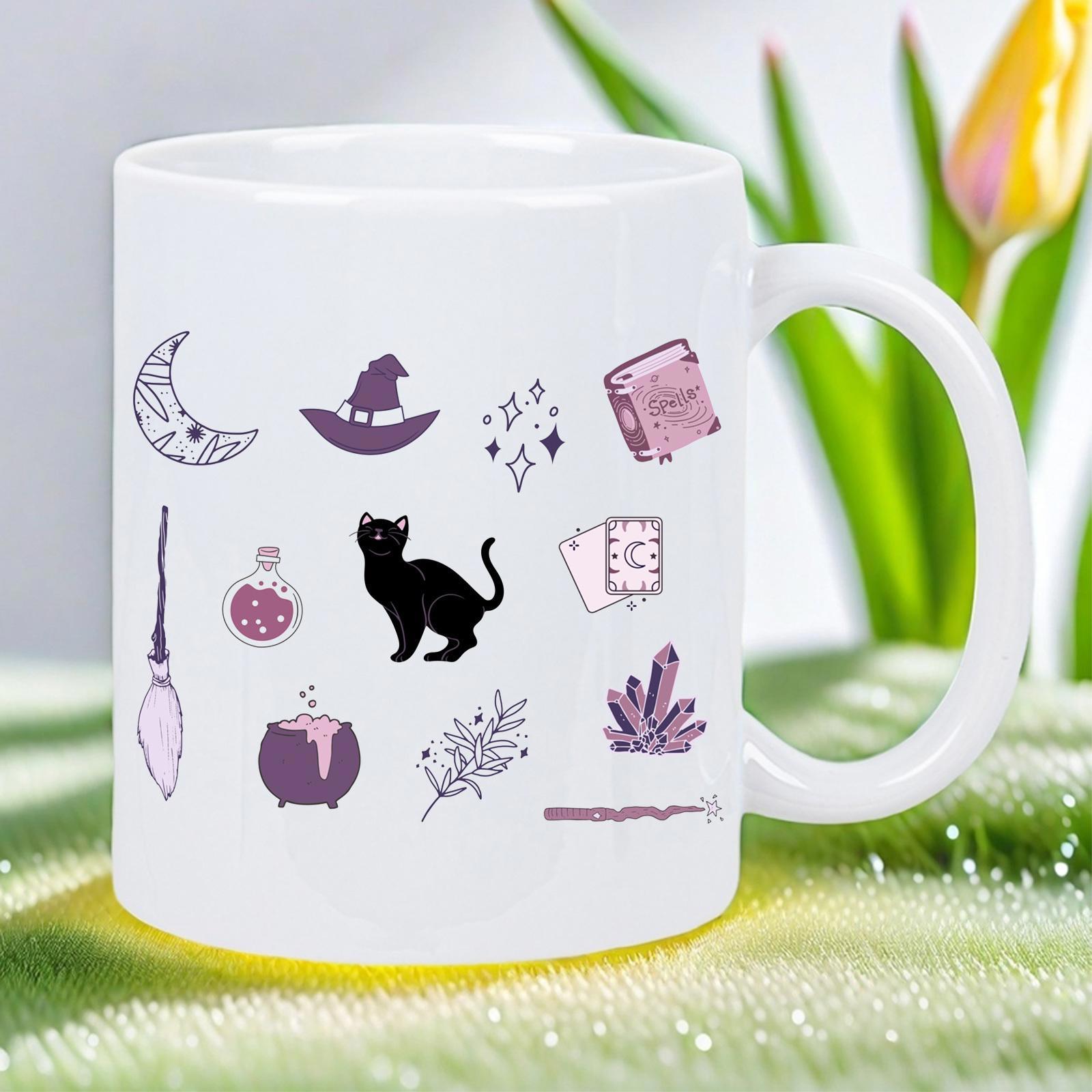 Tailorly White Ceramic 11 oz Mug - Mystical Witchcraft Elements Featuring Potion Bottles Crystals And A Sitting Black Cat