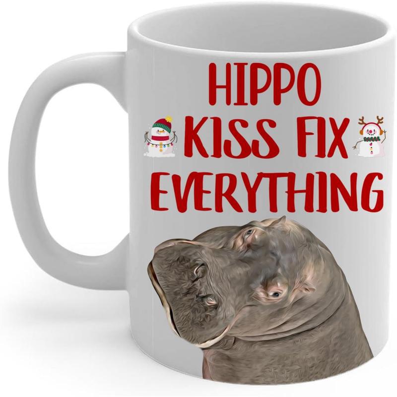 Tailorly White Ceramic 11 oz Mug - Hippo Kiss Fix Everything Realistic Grey Hippo Head Tilted With Festive Little Snowmen Hippo