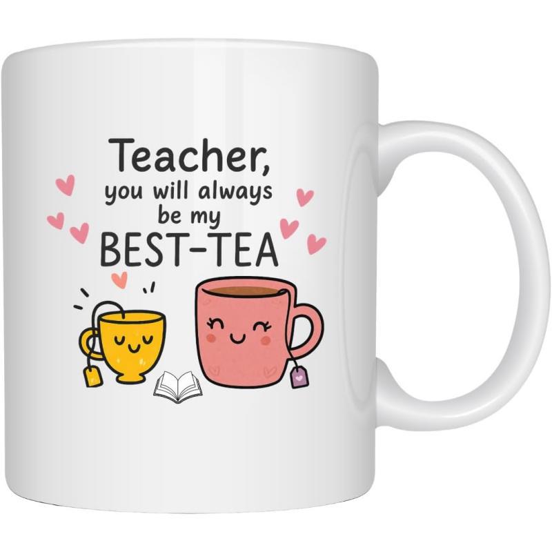 Tailorly White Ceramic 11 oz Mug - Teacher You Will Always Be My Best Tea Adorable Smiling Cartoon Cups Among Floating Pink Hearts Teacup