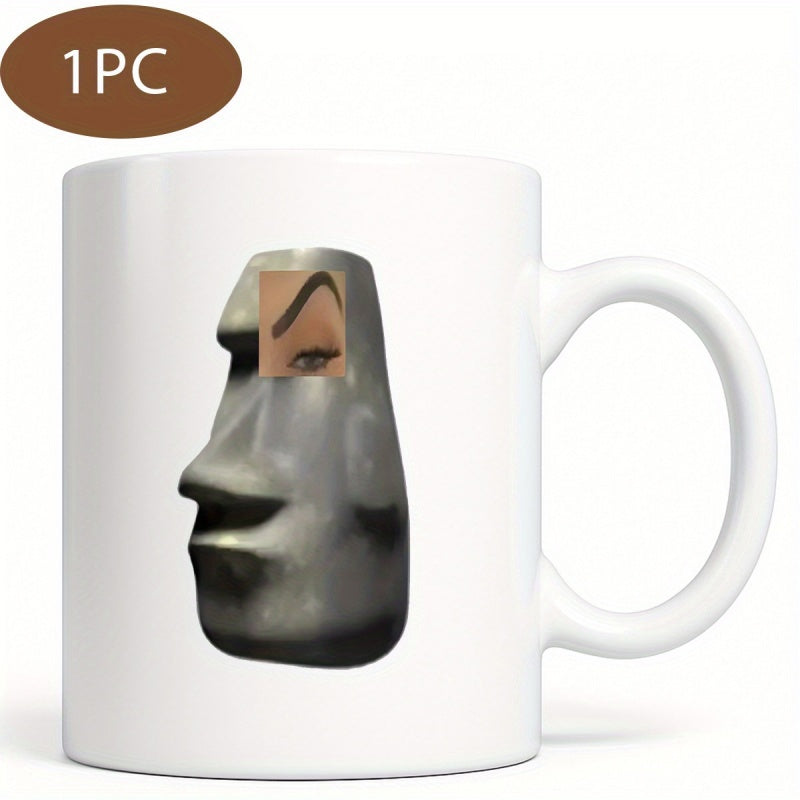 Tailorly White Ceramic 11 oz Mug - Humorous Grey Stone Head Featuring A Sassy Raised Eyebrow Expression Statue