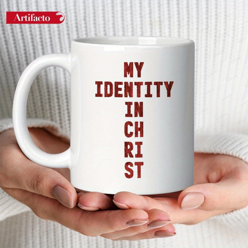 Tailorly White Ceramic 11 oz Mug - My Identity In Christ Sacred Spiritual Message Formed Into A Bold Vertical Red Block Letter Cross