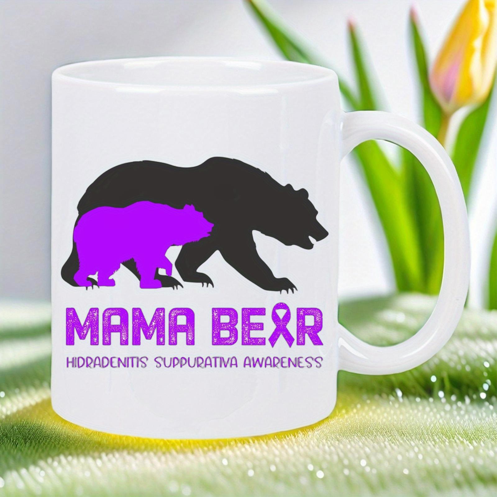 Tailorly White Ceramic 11 oz Mug - Mama Bear Hidradenitis Suppurativa Awareness Protective Silhouette Of Mother Bear Including A Small Purple Cub Bear