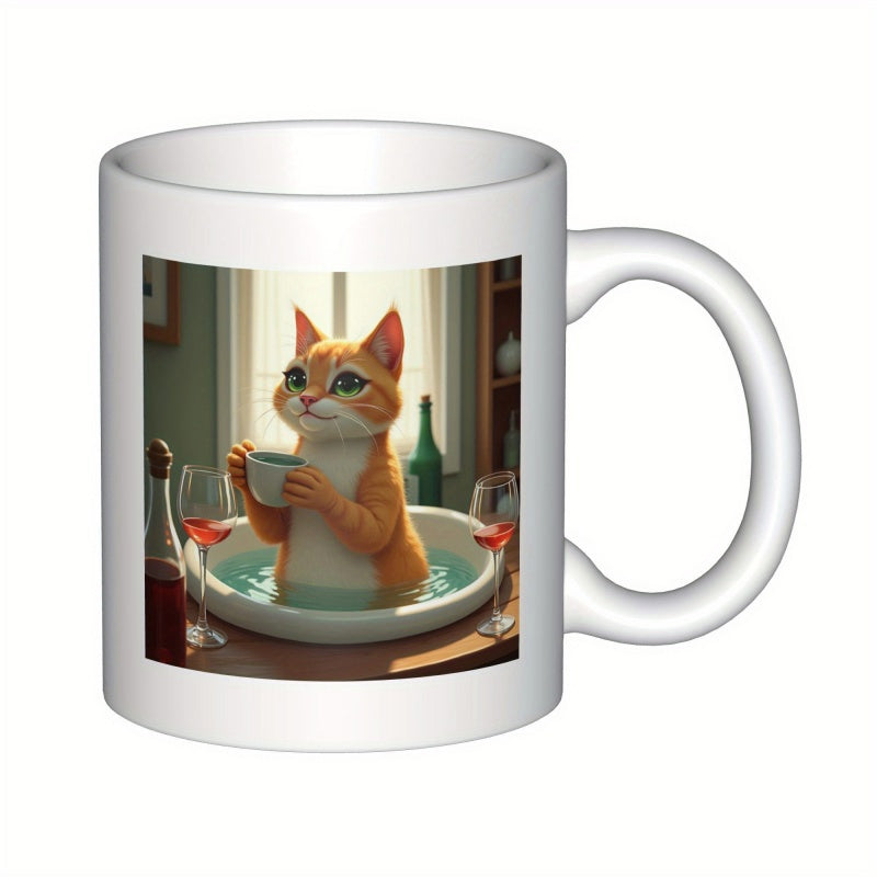 Tailorly White Ceramic 11 oz Mug - Adorable Anthropomorphic Ginger Cat Relaxing In Bathtub Holding Tiny Cup Cat