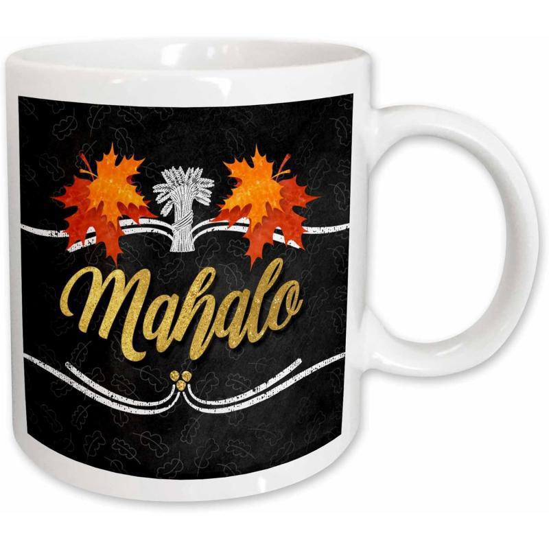 Tailorly White Ceramic 11 oz Mug - Mahalo Vibrant Orange Autumn Maple Leaves With White Decorative Spirit Pom Pom Maple Leaf