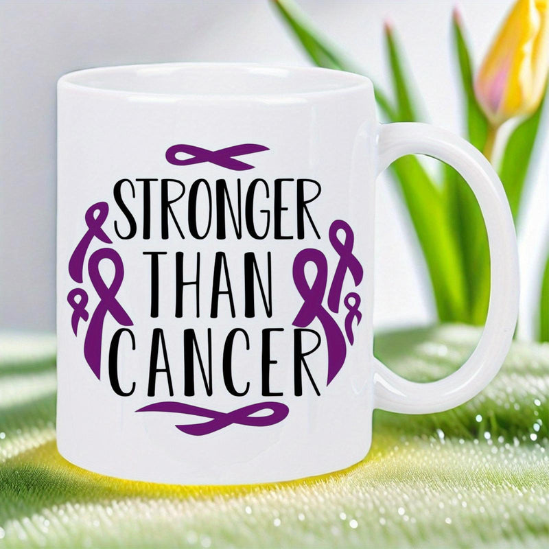 Tailorly White Ceramic 11 oz Mug - Stronger Than Cancer Inspirational Purple Ribbons Arranged In A Circular Pattern Mug