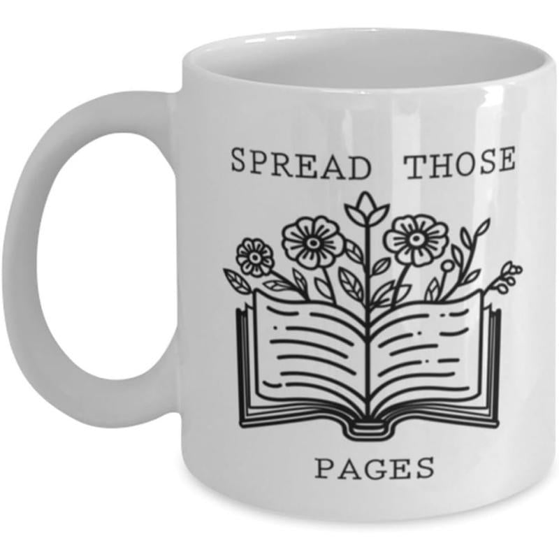 Tailorly White Ceramic 11 oz Mug - Spread Those Pages Minimalist Line Art Open Book With Blooming Wildflowers Growing Upward Book