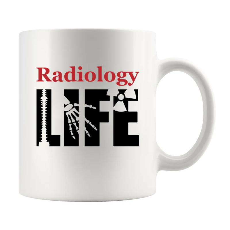 Tailorly White Ceramic 11 oz Mug - Radiology Life Professional Medical Theme Featuring Skeletal Hand And Spinal Cord Radiation Symbols Illustration