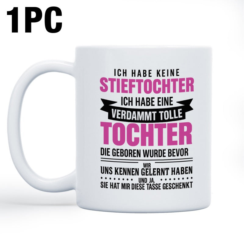 Tailorly White Ceramic 11 oz Mug - White Ceramic Cylinder With Decorative Black Banners And Pink Typography Mug