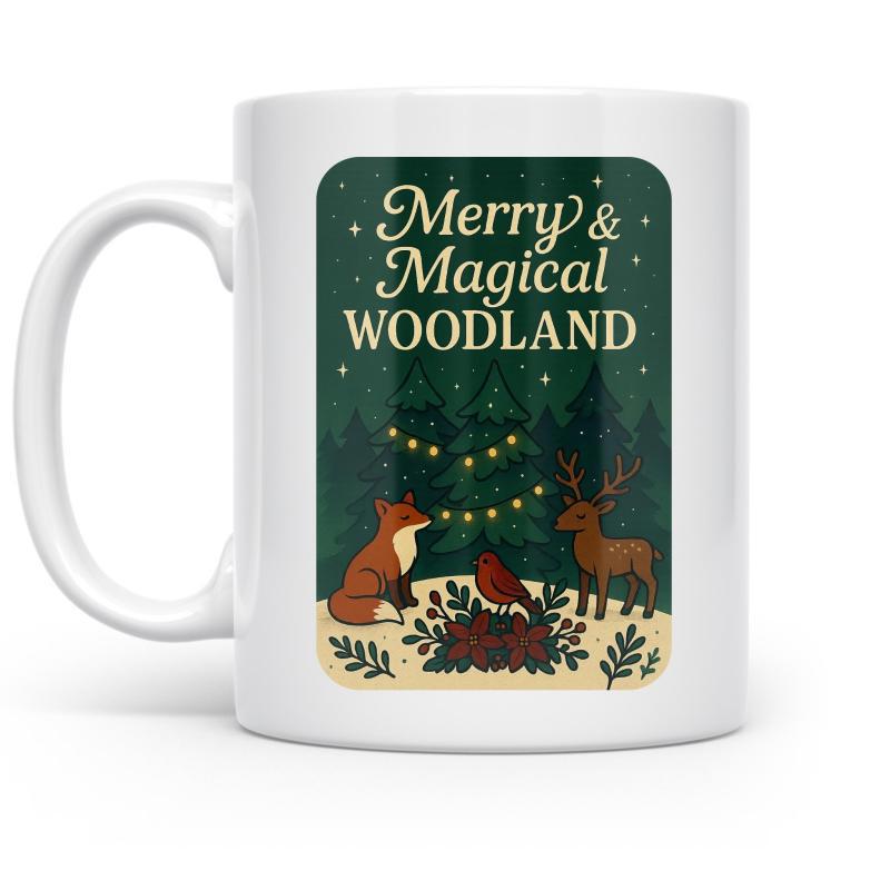 Tailorly White Ceramic 11 oz Mug - Merry Magical Woodland Peaceful Forest Creatures Gathering Under Twinkling Lights Near Snowy Pine Trees Deer