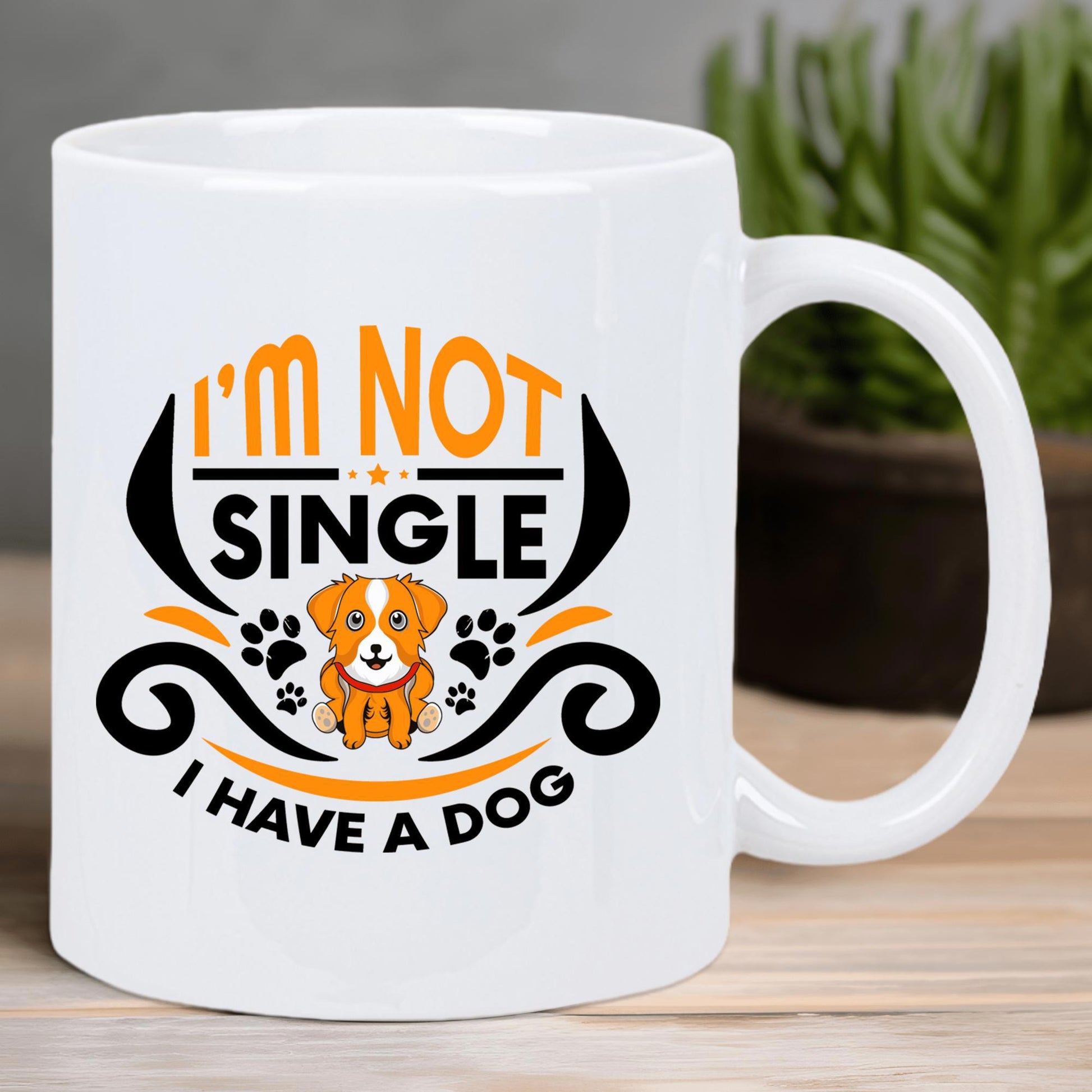 Tailorly White Ceramic 11 oz Mug - Im Not Single I Have A Dog Adorable Cartoon Puppy With Small Paw Prints And Decorative Swirl Banners Dog