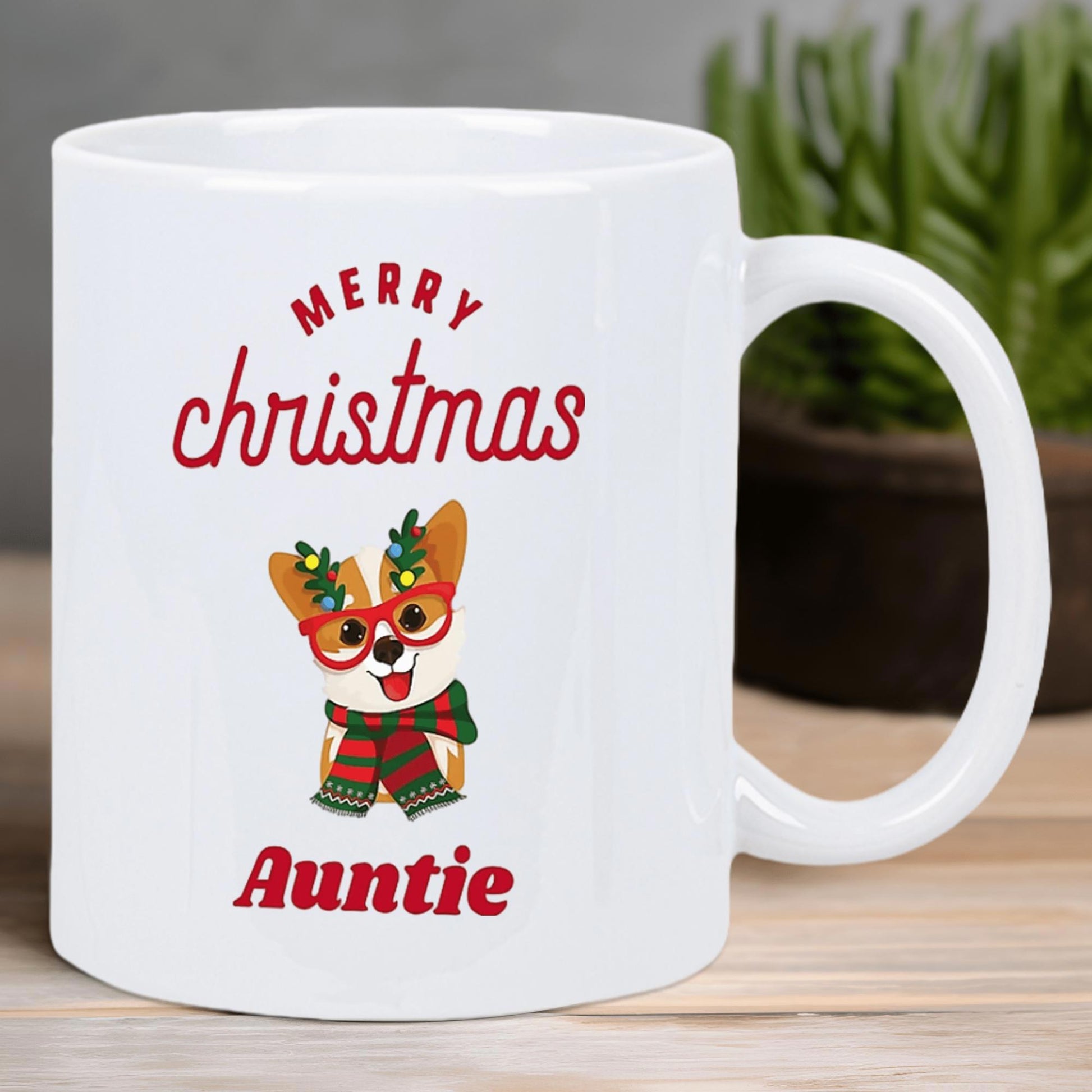 Tailorly White Ceramic 11 oz Mug - Merry Christmas Auntie Festive Cartoon Dog Wearing Red Glasses And Striped Scarf Among Plants Corgi