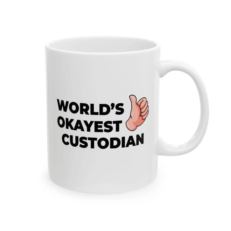 Tailorly White Ceramic 11 oz Mug - World's Okayest Custodian Minimalist Cartoon Style Giving A Positive Gesture With A Simple Thumbs Up Hand