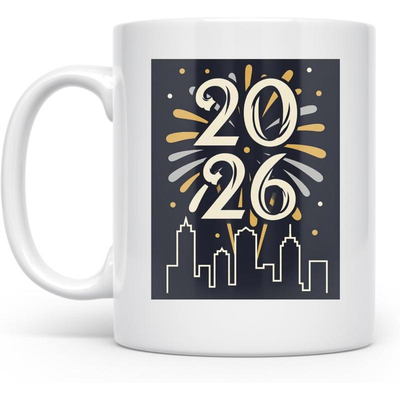 Tailorly White Ceramic 11 oz Mug - 2026 Festive Fireworks Bursting Above A Simple Minimalist City Skyline Outline Mug