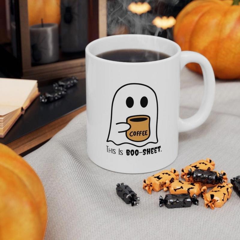 Tailorly White Ceramic 11 oz Mug - This Is Boo Sheet Cute Minimalist Line Art Ghost Holding A Small Brown Mug Ghost