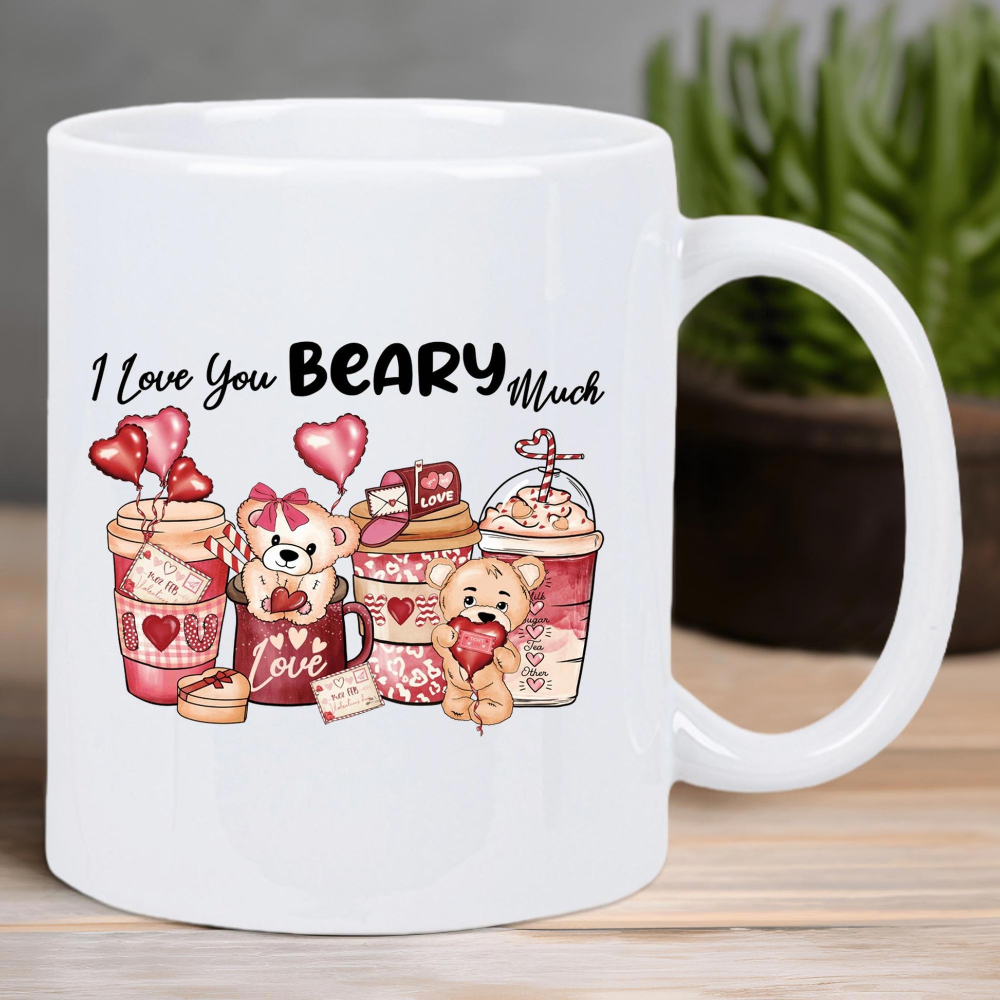 Tailorly White Ceramic 11 oz Mug - I Love You Beary Much Cute Cartoon Bears Among Coffee Cups And Pink Heart Balloons Bear