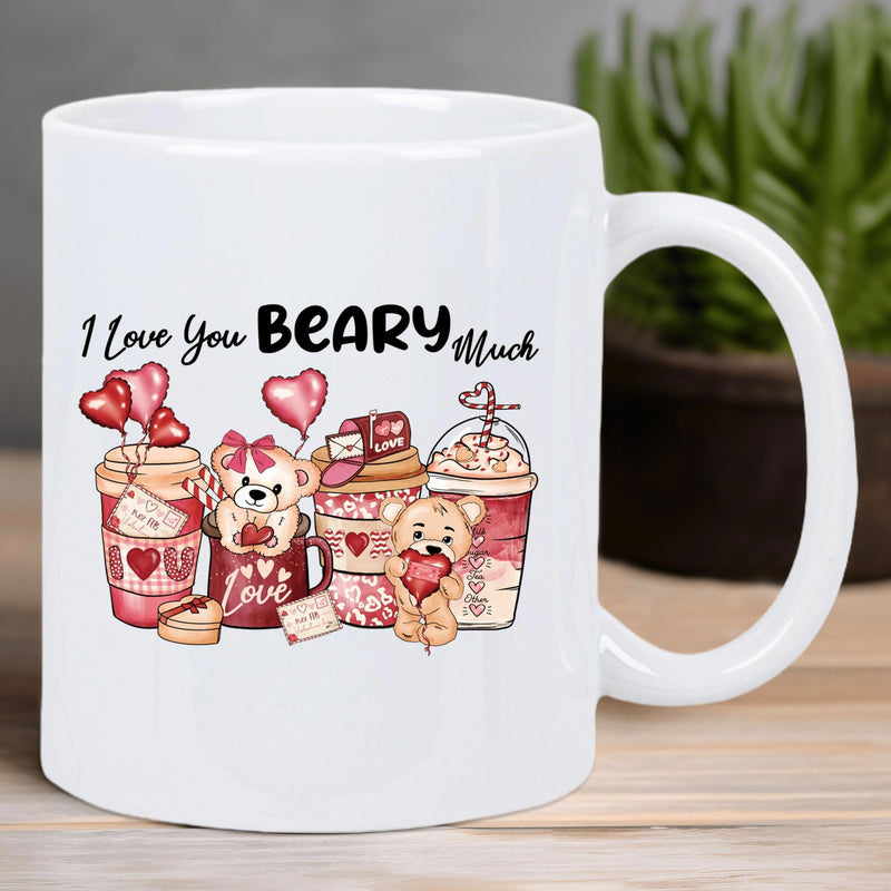 Tailorly White Ceramic 11 oz Mug - I Love You Beary Much Cute Cartoon Bears Among Coffee Cups And Pink Heart Balloons Bear