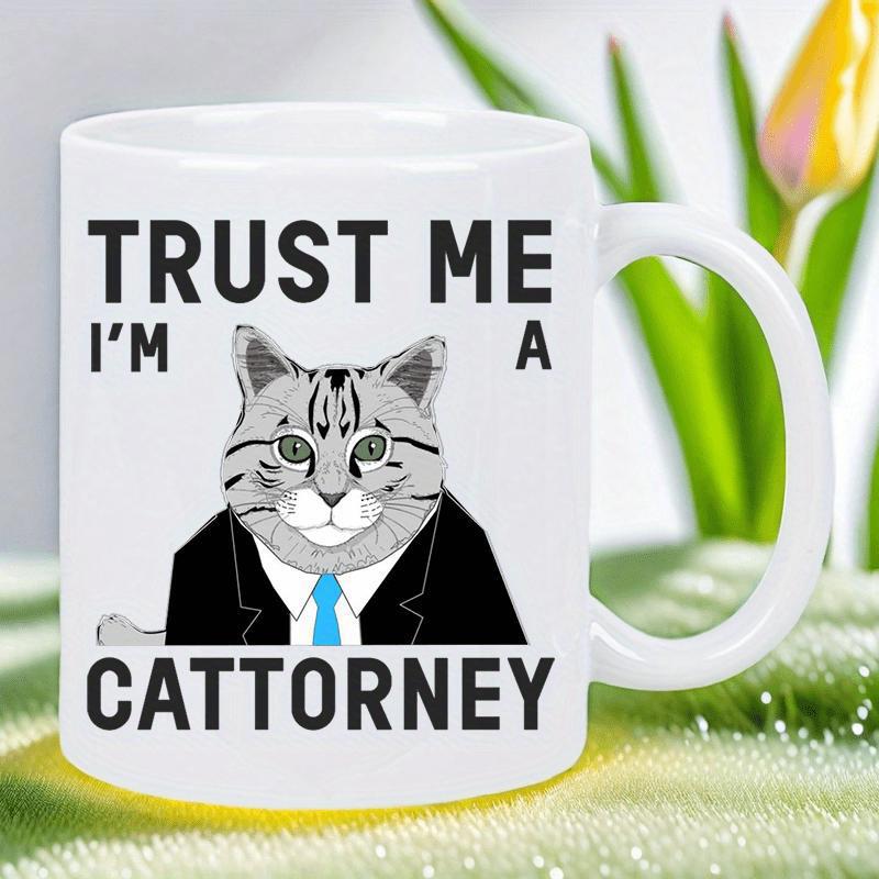 Tailorly White Ceramic 11 oz Mug - Trust Me Im A Cattorney Gray Tabby Cat Wearing Professional Black Business Suit And Blue Tie Cat