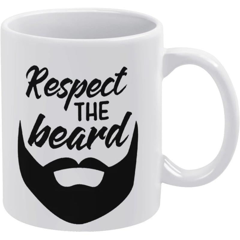 Tailorly White Ceramic 11 oz Mug - Respect The Beard Bold Black Stylized Silhouette Of A Full Thick Masculine Facial Beard