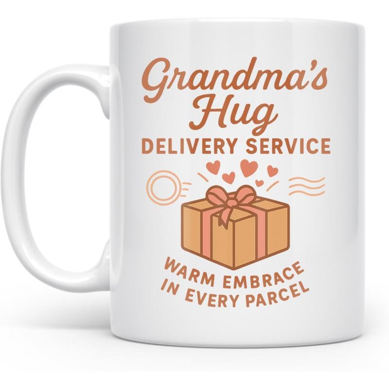 Tailorly White Ceramic 11 oz Mug - Grandmas Hug Delivery Service Warm Embrace In Every Parcel Minimalist Gift Box With Ribbon Bow Surrounded By Floating Hearts