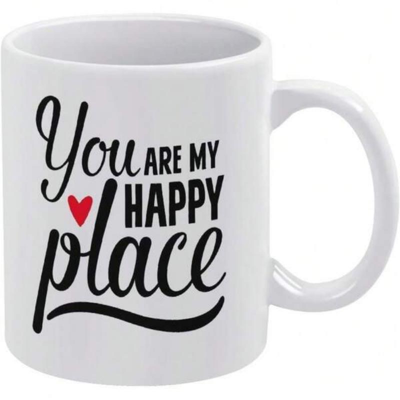 Tailorly White Ceramic 11 oz Mug - You Are My Happy Place Minimalist White Ceramic With Red Heart And Artistic Typography Mug
