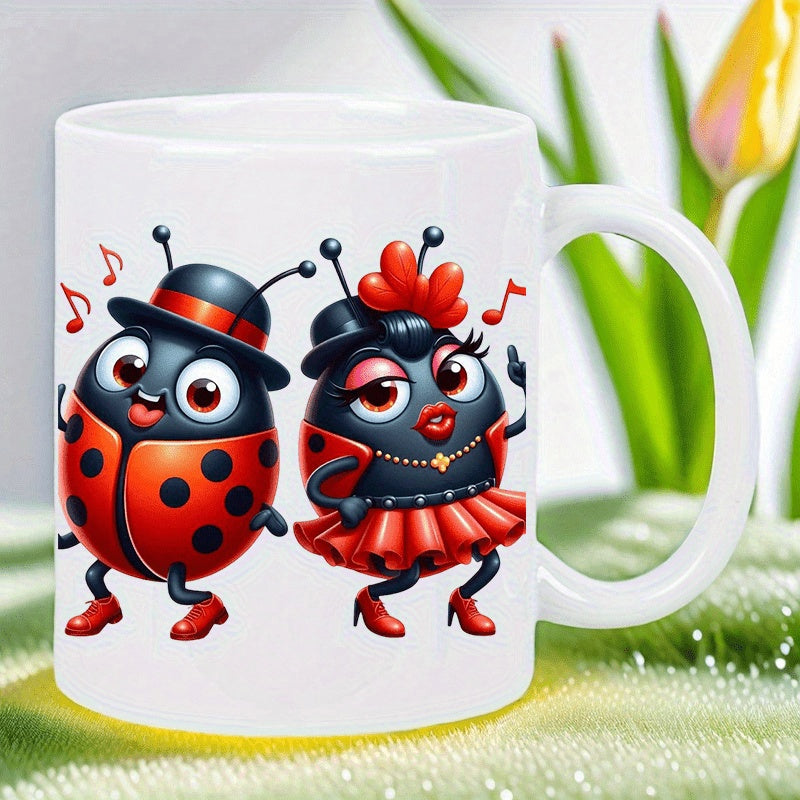 Tailorly White Ceramic 11 oz Mug - Whimsical Cartoon Ladybugs Dancing Joyfully With Musical Notes In Vibrant Red Ladybug