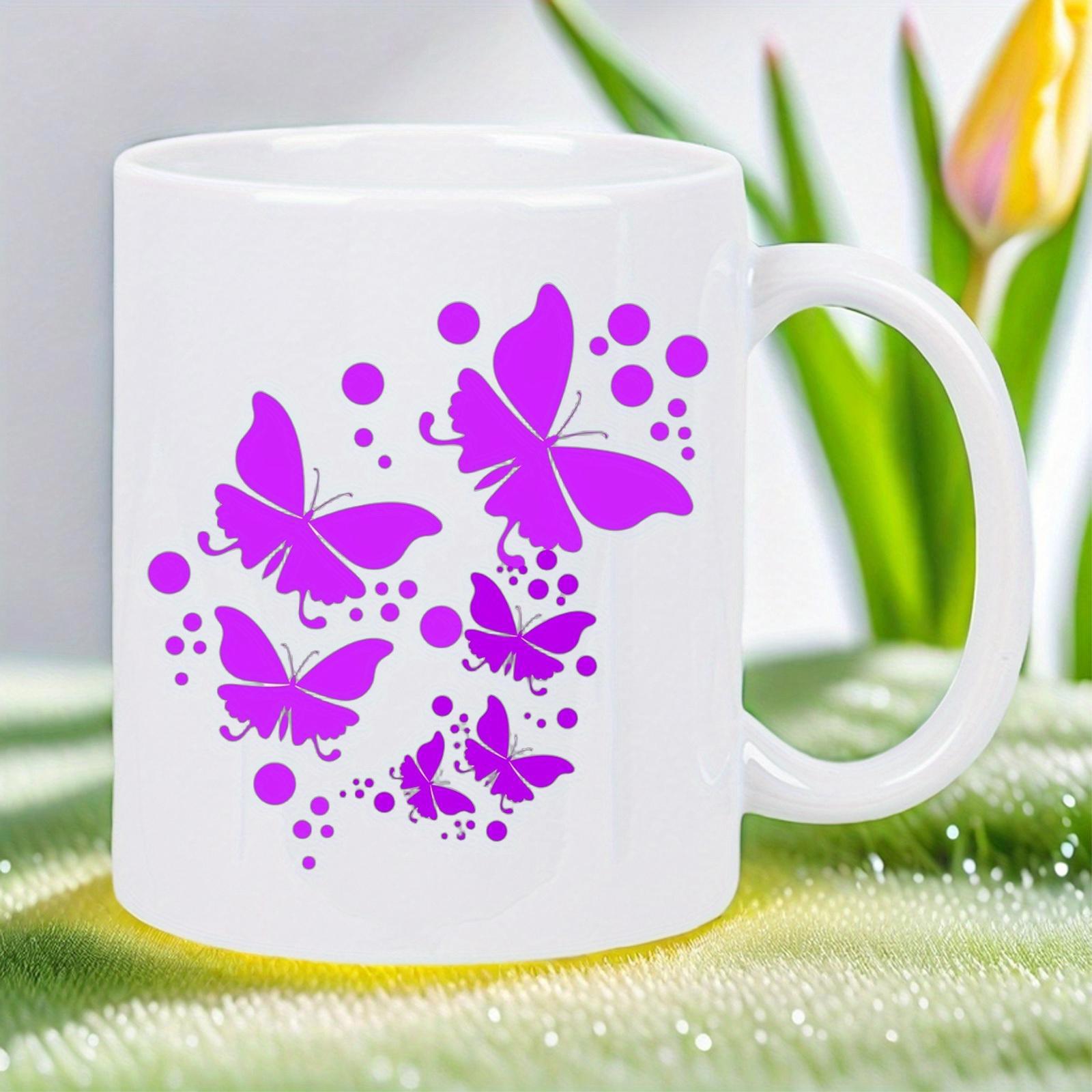 Tailorly White Ceramic 11 oz Mug - Purple Silhouettes Fluttering Among Vibrant Decorative Abstract Polka Dots Butterfly