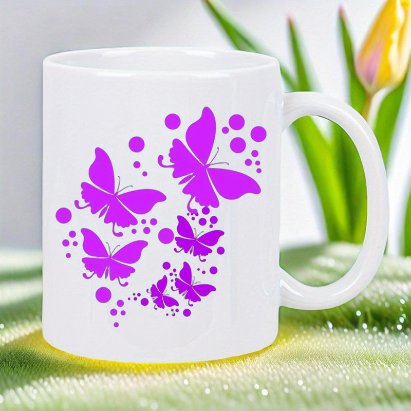 Tailorly White Ceramic 11 oz Mug - Purple Silhouettes Fluttering Among Vibrant Decorative Abstract Polka Dots Butterfly