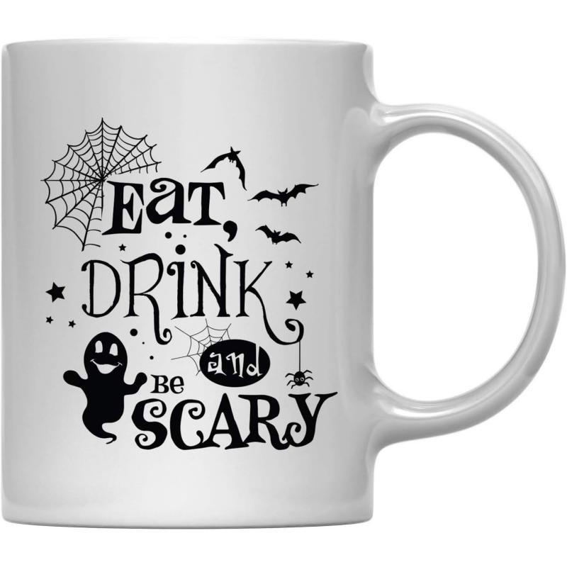 Tailorly White Ceramic 11 oz Mug - Eat Drink And Be Scary Spooky Elements Including Flying Bats And Spider Webs Featuring A Smiling Ghost