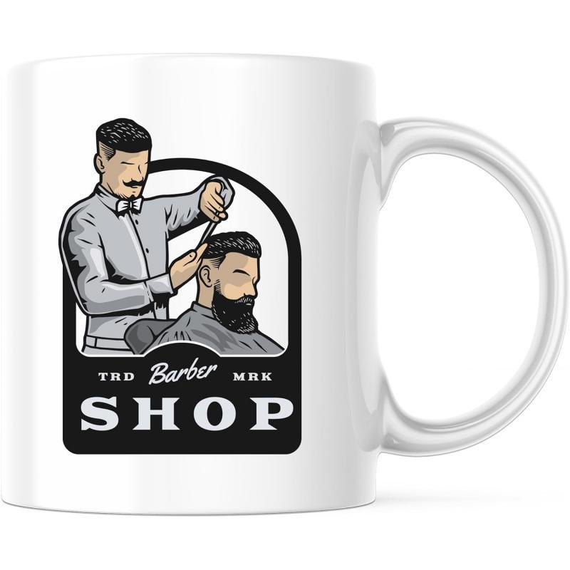 Tailorly White Ceramic 11 oz Mug - The Barber Shop Vintage Professional Stylist Grooming A Bearded Gentleman Inside A Retro Frame Barber
