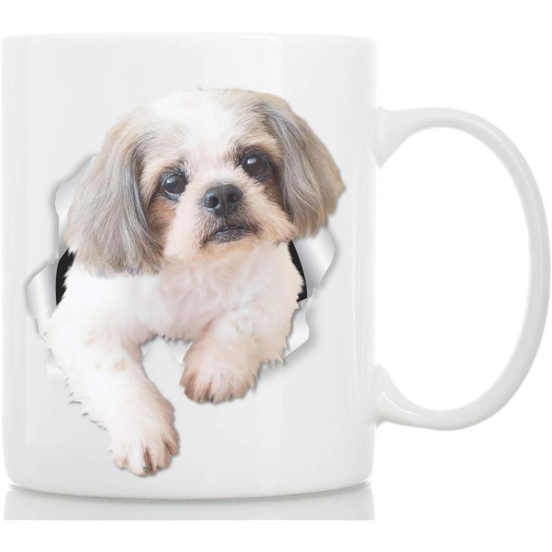 Tailorly White Ceramic 11 oz Mug - Adorable Fluffy Shih Tzu Peering Out From A Ripped Background Dog