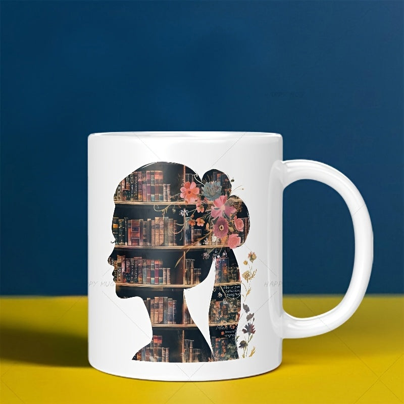 Tailorly White Ceramic 11 oz Mug - Graceful Profile Of A Woman Filled With Antique Bookshelves And Flowers Silhouette