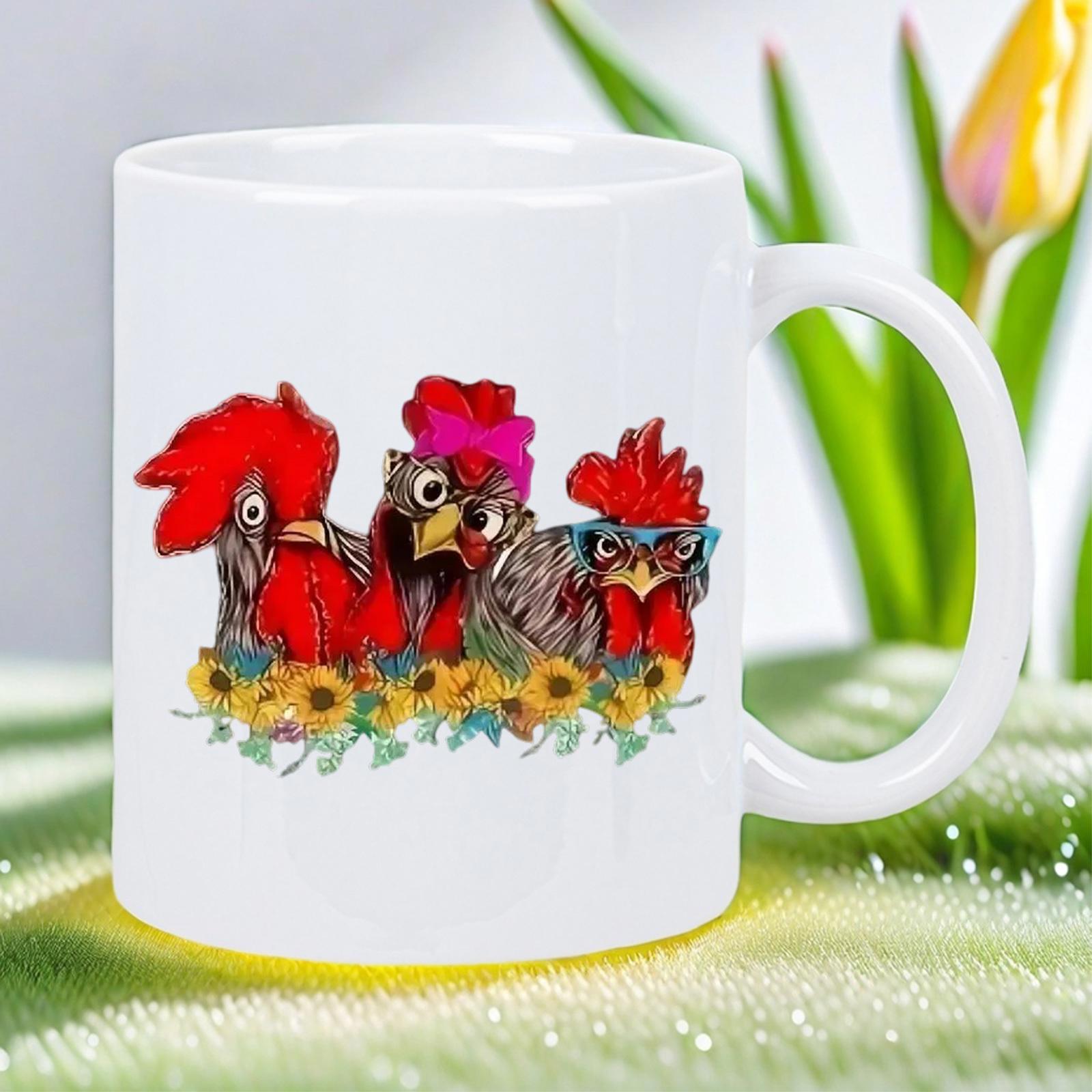 Tailorly White Ceramic 11 oz Mug - Cheerful Farmhouse Birds With Bow And Glasses Among Vibrant Sunflowers Chicken