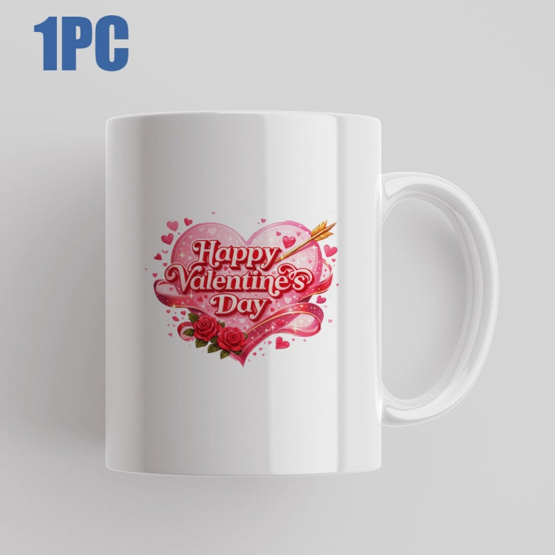 Tailorly White Ceramic 11 oz Mug - Happy Valentine's Day Romantic Pink Heart With Golden Arrow And Red Roses Ribbon Mug