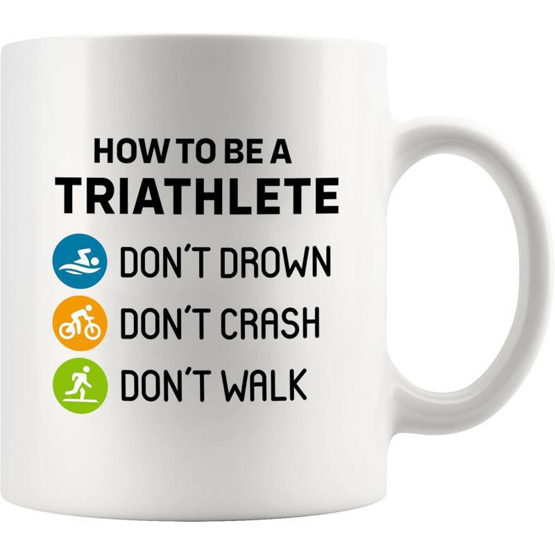 Tailorly White Ceramic 11 oz Mug - How To Be A Triathlete Don't Drown Don't Crash Don't Walk Three Minimalist Sport Icons For Running Cycling Swimming Mug