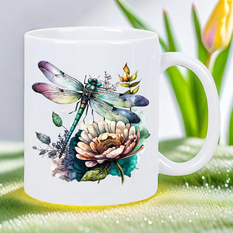 Tailorly White Ceramic 11 oz Mug - Vibrant Watercolor Wings Resting Peacefully Upon A Beautiful Blooming Flower Dragonfly