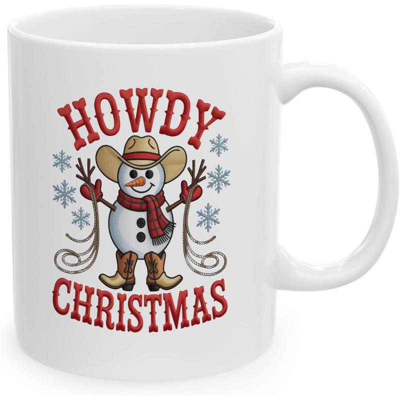 Tailorly White Ceramic 11 oz Mug - Howdy Christmas Festive Western Themed Cowboy Wearing Hat And Boots Among Snowflakes Snowman