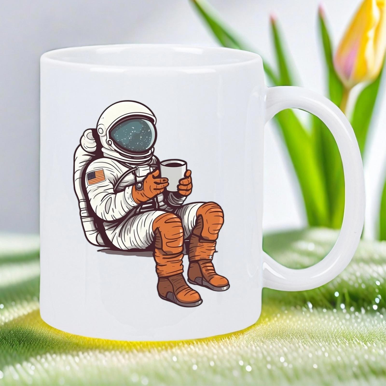 Tailorly White Ceramic 11 oz Mug - Sitting Calmly Holding A Cup Of Warm Coffee Galactic Explorer Astronaut
