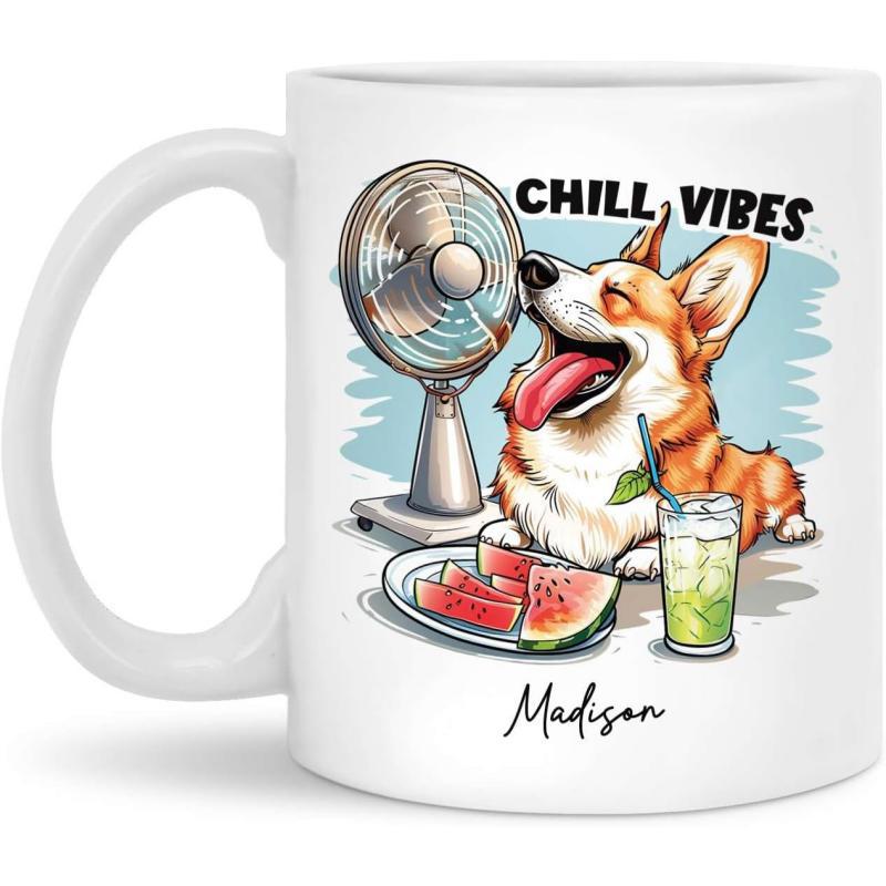 Tailorly White Ceramic 11 oz Mug - Chill Vibes Madison Happy Dog Cooling Down With Electric Fan And Watermelon Drink Corgi