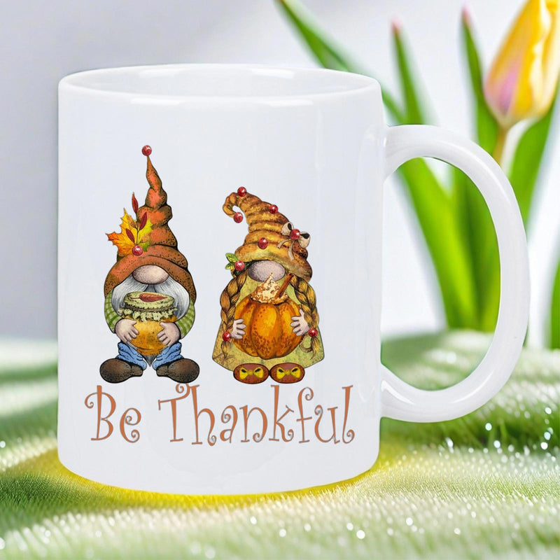 Tailorly White Ceramic 11 oz Mug - Be Thankful Adorable Autumn Gnomes Wearing Leaf Hats Holding Orange Pumpkins Gnome