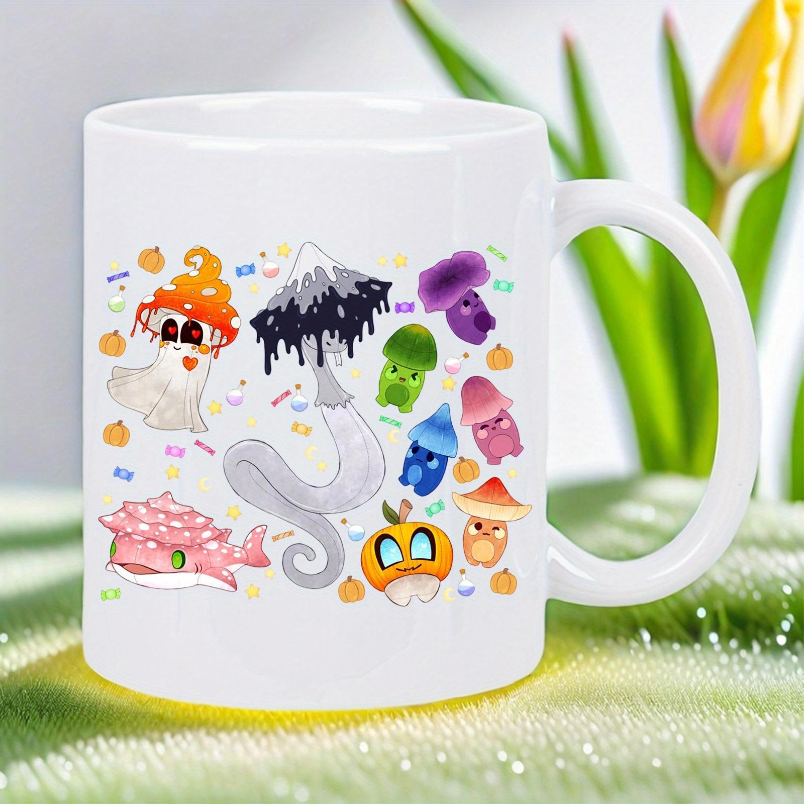 Tailorly White Ceramic 11 oz Mug - Whimsical Assorted Colorful Cartoon Characters With Vibrant Faces And Artistic Styles Mushroom